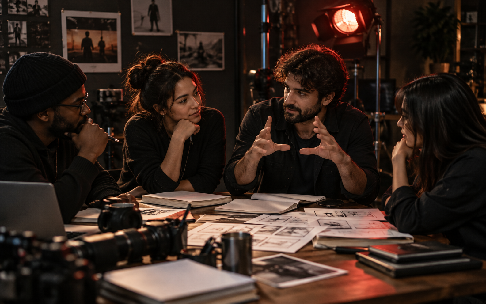 Filmmakers discussing story ideas around a table covered in scripts and storyboards.