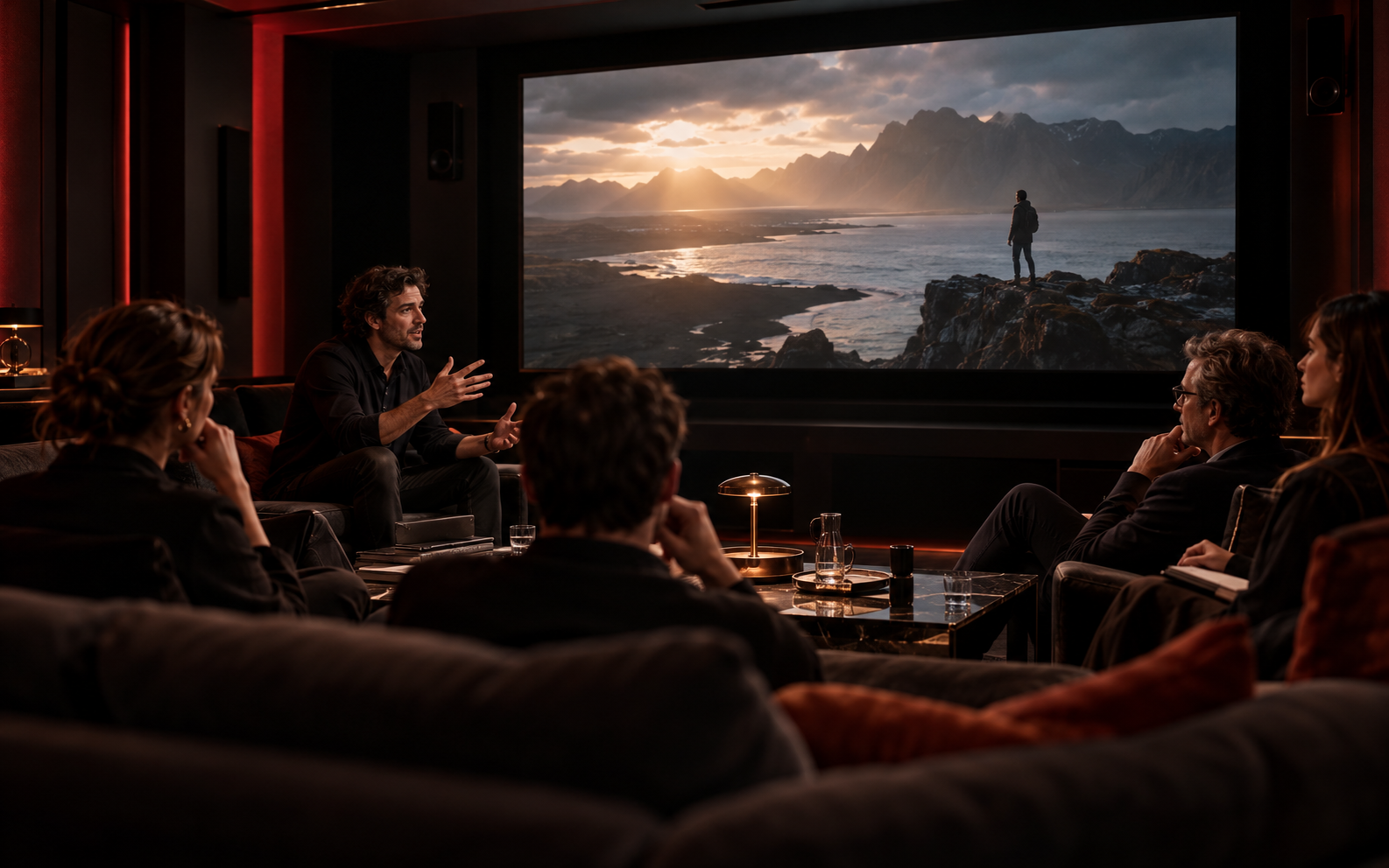 A filmmaker presenting a film to content buyers in a private screening room.
