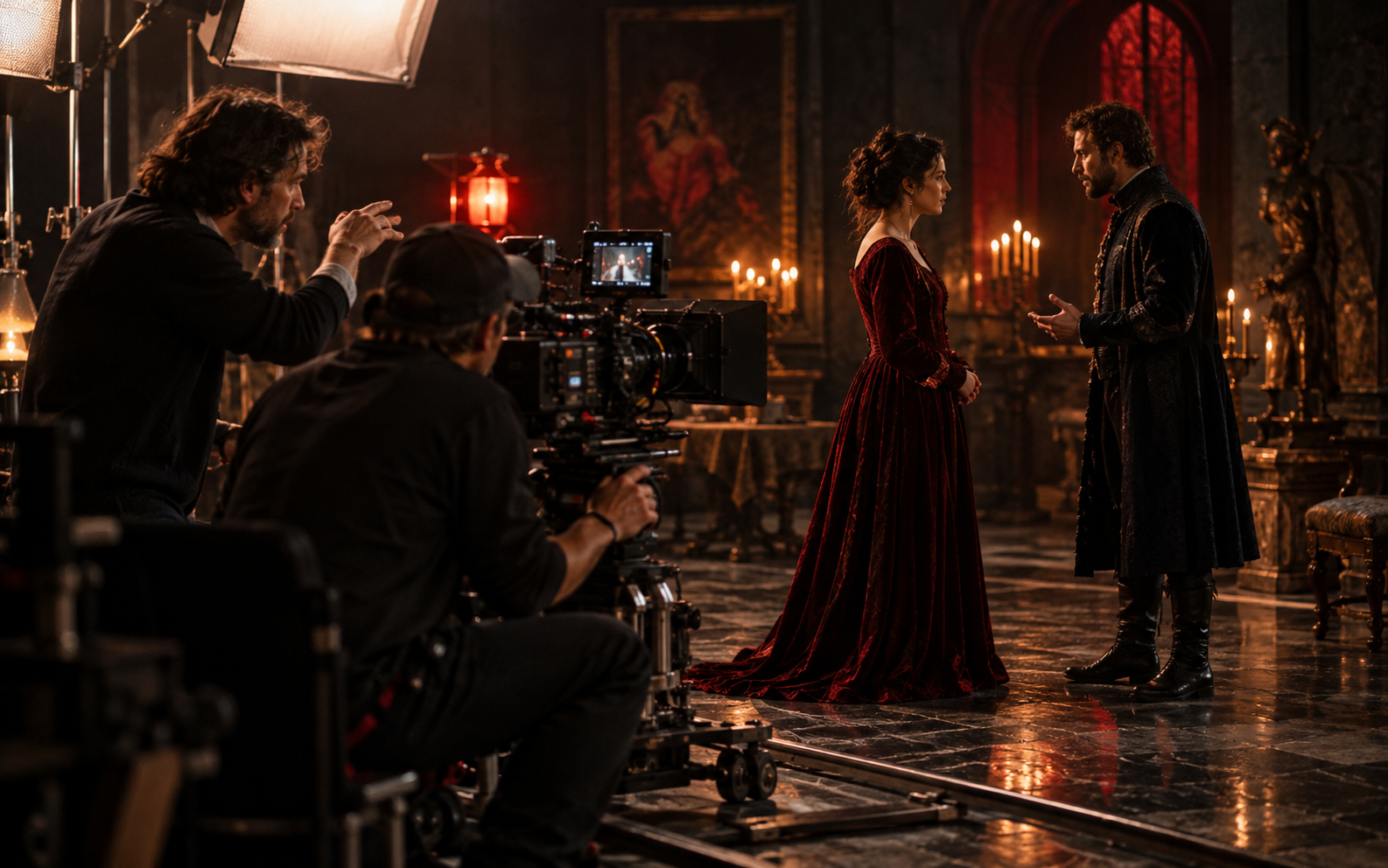 A director and camera crew filming two performers on a warmly lit period set.