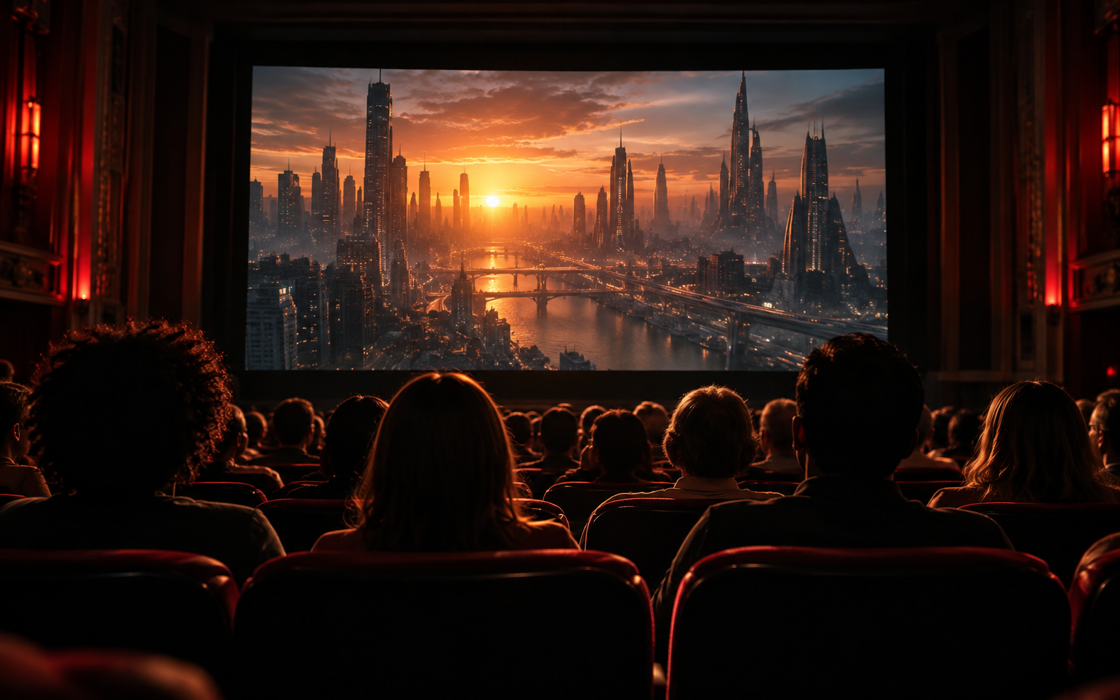 An audience watching a cinematic cityscape on a large cinema screen.