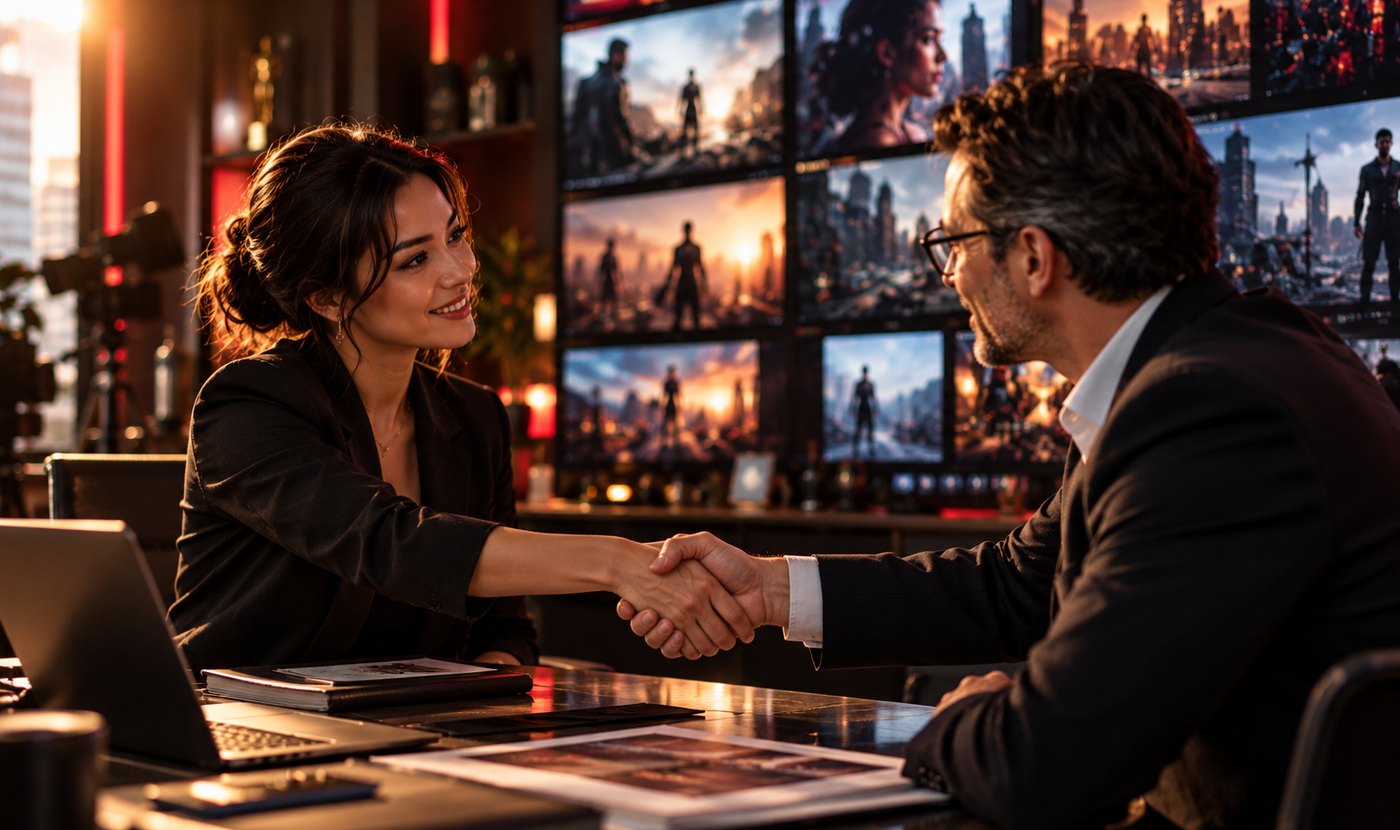 A content buyer and filmmaker shaking hands in front of screens showing cinematic projects.