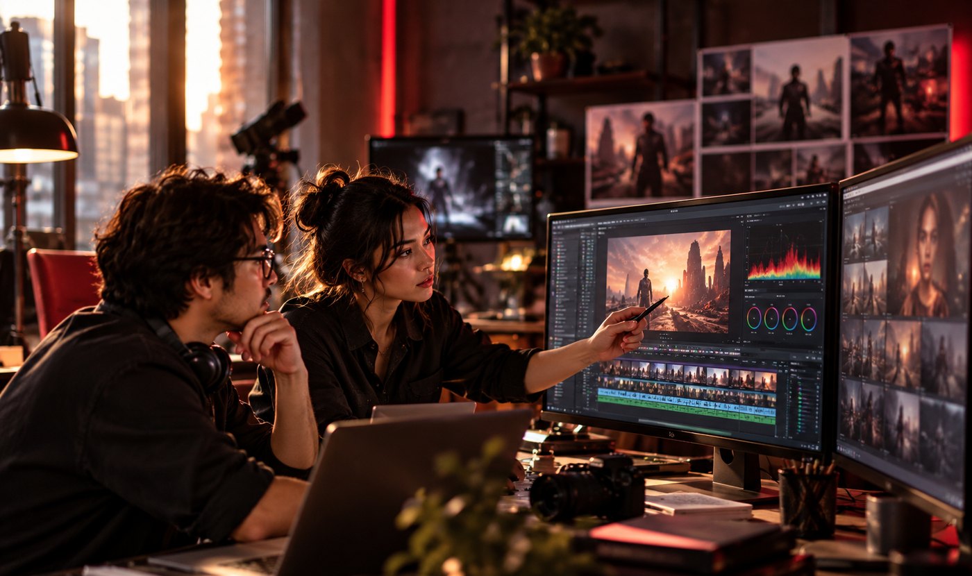 Two filmmakers reviewing an AI film and its color grading in a production suite.