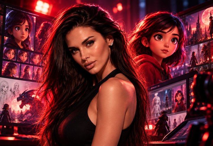A digital character artist surrounded by animated characters and cinematic storyboards.