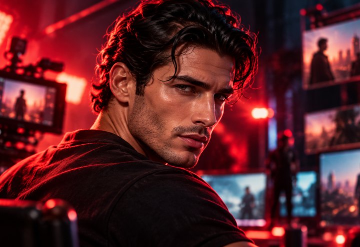 An AI filmmaker on a cinematic red-lit production set.